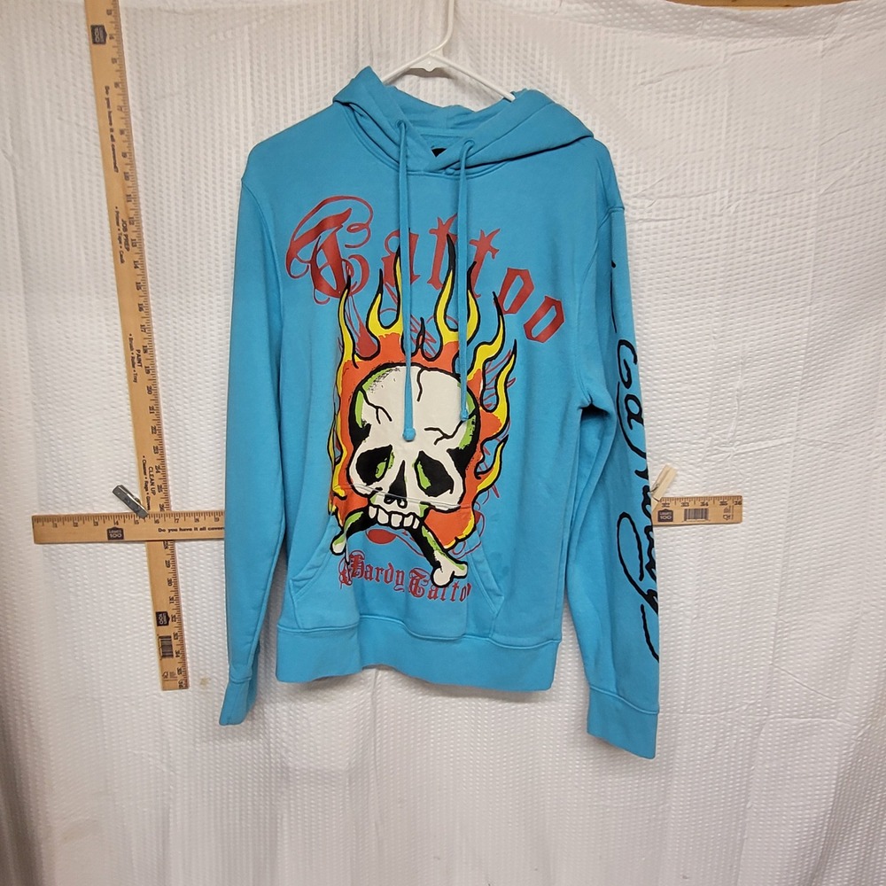 Ed Hardy Mens Blue Flaming Skull Tattoo Graphic Hoodie Sweatshirt Small
